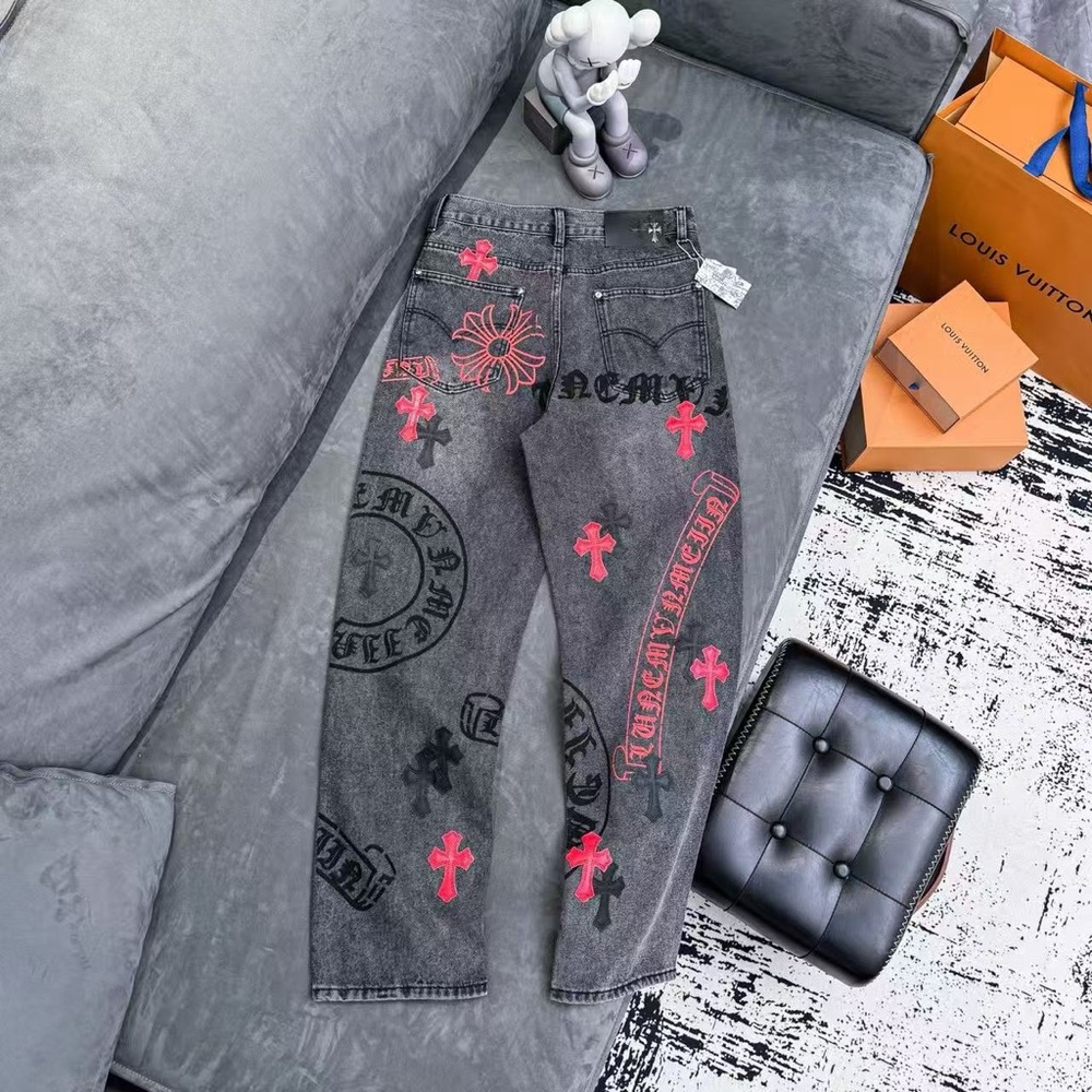 Chrome Hearts Red Cross Patch Washed Black Straight Jeans Unisex Streetwear